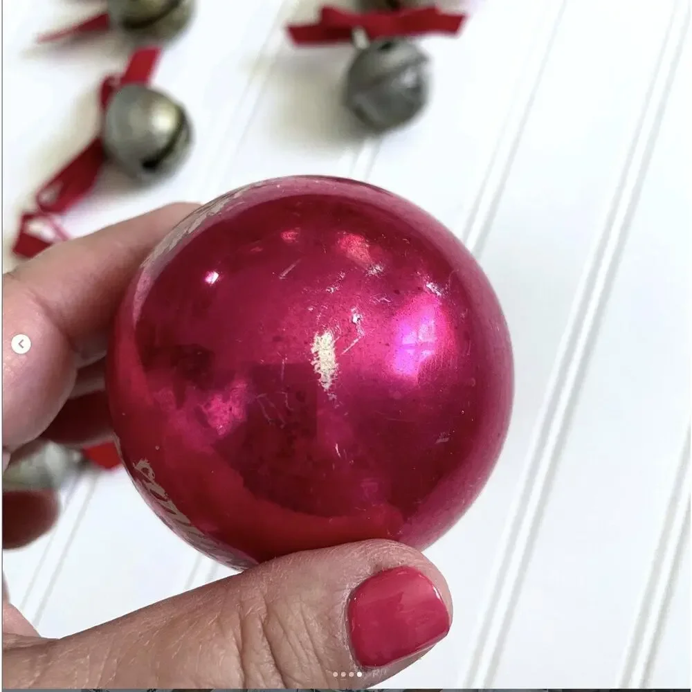 Vintage Merry Christmas Shiny Brite Stencil Ornament PINK Glass Ball Scroll